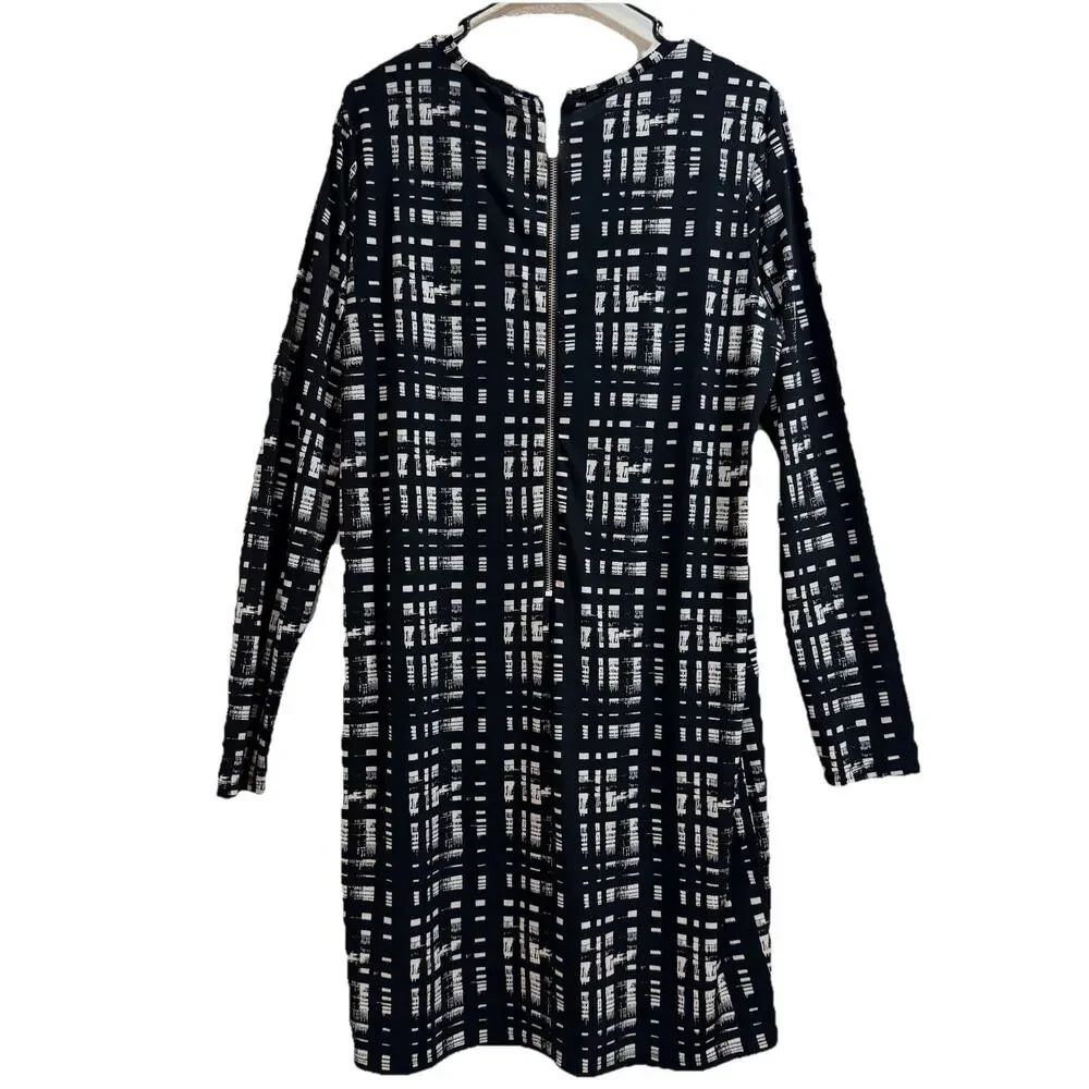Michael Kors Day Dress Size L Black Plaid Long Sleeve Stretch Sheath Essentials
